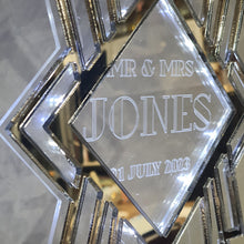 Load image into Gallery viewer, LED Wedding Cake topper - Gatsby 1920's design, Engraved Acrylic light-up by Crystal wedding uk