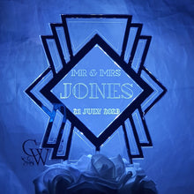 Load image into Gallery viewer, LED Wedding Cake topper - Gatsby 1920's design, Engraved Acrylic light-up by Crystal wedding uk