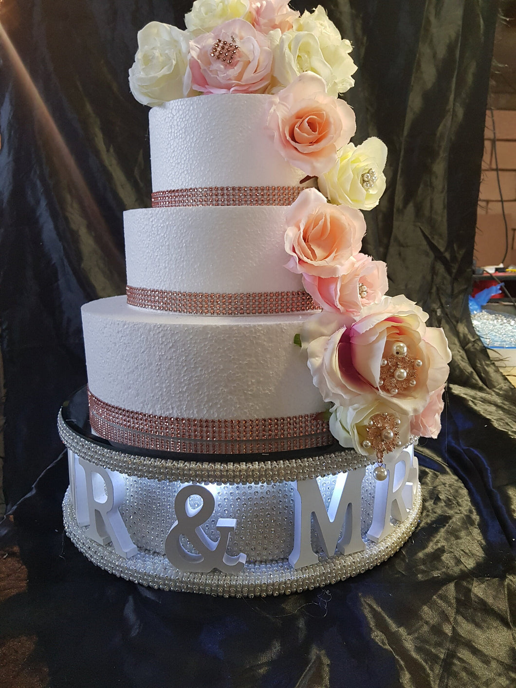 Mr & Mrs cake stand-Pearl and REAL CRYSTAL stones. wedding cake stand + lights + personalised by Crystal wedding uk