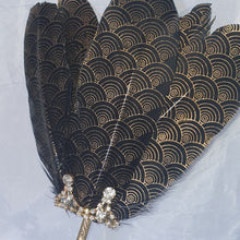 Load image into Gallery viewer, Gatsby feather Fan, black & gold 1920's print, smalll Bridesmaid wedding fan- by Crystal wedding uk