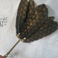 Load image into Gallery viewer, Gatsby feather Fan, black & gold 1920's print, smalll Bridesmaid wedding fan- by Crystal wedding uk