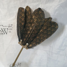 Load image into Gallery viewer, Gatsby feather Fan, black & gold 1920's print, smalll Bridesmaid wedding fan- by Crystal wedding uk
