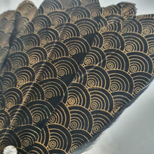 Load image into Gallery viewer, Gatsby feather Fan, black & gold 1920's print, smalll Bridesmaid wedding fan- by Crystal wedding uk