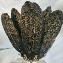 Load image into Gallery viewer, Gatsby feather Fan, black & gold 1920's print, smalll Bridesmaid wedding fan- by Crystal wedding uk