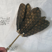 Load image into Gallery viewer, Gatsby feather Fan, black & gold 1920's print, smalll Bridesmaid wedding fan- by Crystal wedding uk
