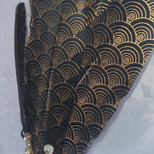 Load image into Gallery viewer, Gatsby feather Fan, black & gold 1920's print, smalll Bridesmaid wedding fan- by Crystal wedding uk