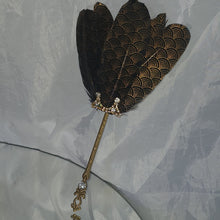 Load image into Gallery viewer, Gatsby feather Fan,  black &amp; gold 1920&#39;s  print, smalll Bridesmaid wedding fan- by Crystal wedding uk
