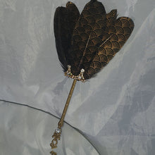 Load image into Gallery viewer, Gatsby feather Fan, black & gold 1920's print, smalll Bridesmaid wedding fan- by Crystal wedding uk