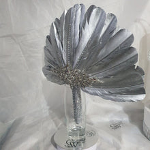 Load image into Gallery viewer, Wedding feather fan, SILVER OR GOLD brides ostrich fan, wedding hand fan, Great Gatsby any colour as custom made by Crystal wedding uk