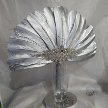 Load image into Gallery viewer, Wedding feather fan, SILVER OR GOLD brides ostrich fan, wedding hand fan, Great Gatsby any colour as custom made by Crystal wedding uk