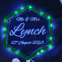 Load image into Gallery viewer, LED Wedding Cake topper - Hexagonal shape design, Engraved Acrylic light-up by Crystal wedding uk