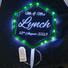 Load image into Gallery viewer, LED Wedding Cake topper - Hexagonal shape design, Engraved Acrylic light-up by Crystal wedding uk
