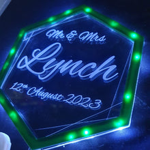 Load image into Gallery viewer, LED Wedding Cake topper - Hexagonal shape design, Engraved Acrylic light-up by Crystal wedding uk