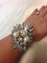 Load image into Gallery viewer, large Vintage inspired crystal and pearl wrist corsage