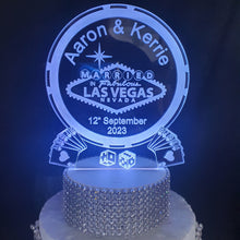 Load image into Gallery viewer, LED Wedding Cake topper LAS VEGAS poker chip design, Engraved Acrylic light-up by Crystal wedding uk
