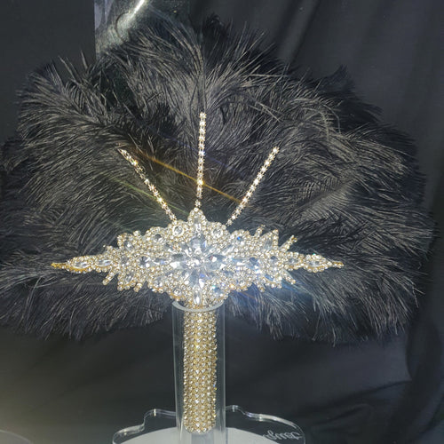 Wedding feather fan, brides black ostrich fan, wedding hand fan, Great Gatsby any colour as custom made to order by Crystal Wedding UK