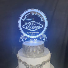 Load image into Gallery viewer, LED Wedding Cake topper LAS VEGAS poker chip design, Engraved Acrylic light-up by Crystal wedding uk
