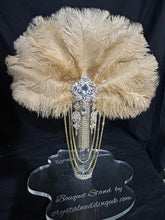 Load image into Gallery viewer, Gold Champagne feather fan bouquet cascade, pink Great Gatsby wedding style 1920&#39;s - any colour as custom made by Crystal wedding uk
