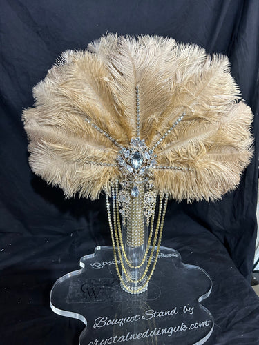 Gold Champagne feather fan bouquet cascade, pink Great Gatsby wedding style 1920's - any colour as custom made by Crystal wedding uk