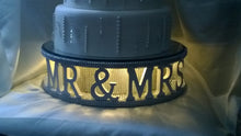Load image into Gallery viewer, Mr &amp; Mrs + personalised  with wedding date- REAL CRYSTAL stones covered wedding cake stand + lights by Crystal wedding uk
