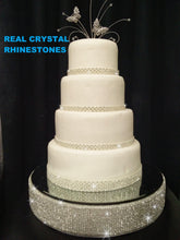 Load image into Gallery viewer, Crystal  Rhinestone cake stand,  diamante cake base, mirror top + 3 meters of matching  cake trim by Crystal wedding uk
