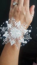 Load image into Gallery viewer, Snowflake wrist corsage for a Winter wedding Wrist Corsage - Winter Wedding Corsage -Perfect for a Christmas Wedding or Winter Formal event
