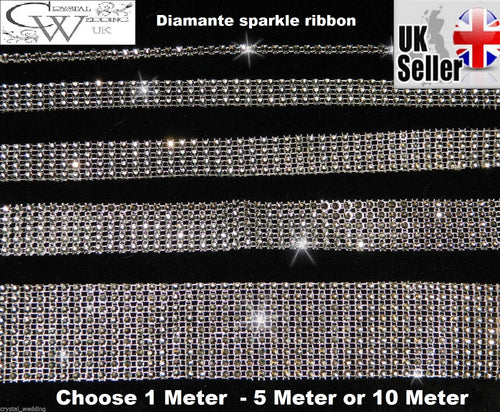 Silver Rhinestone ribbon, Diamond Mesh, Diamante Bling, Crystal trim 1 METER cake trim. by Crystal wedding uk