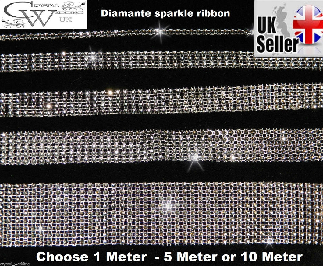 Silver Rhinestone ribbon, Diamond Mesh, Diamante Bling, Crystal trim 1 METER cake trim. by Crystal wedding uk