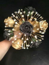 Load image into Gallery viewer, Black gold bouquet , Gatsby style,Rose &amp; crystalwire bouquet, artificial Wedding bridal flowers by Crystal wedding uk
