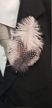 Load image into Gallery viewer, Feather buttonhole Boutonnière , Ostrich and Guinea Fowl Spotted Feathers by Crystal wedding uk
