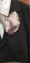 Load image into Gallery viewer, Feather buttonhole Boutonnière , Ostrich and Guinea Fowl Spotted Feathers by Crystal wedding uk
