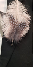 Load image into Gallery viewer, Feather buttonhole Boutonnière , Ostrich and Guinea Fowl Spotted Feathers by Crystal wedding uk
