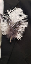 Load image into Gallery viewer, Feather buttonhole Boutonnière , Ostrich and Guinea Fowl Spotted Feathers by Crystal wedding uk
