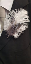 Load image into Gallery viewer, Feather buttonhole Boutonnière , Ostrich and Guinea Fowl Spotted Feathers by Crystal wedding uk
