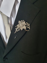 Load image into Gallery viewer, Crystal Flower Groom Boutonniere: Silver Wedding Lapel Pin
