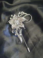 Load image into Gallery viewer, Crystal Flower Groom Boutonniere: Silver Wedding Lapel Pin

