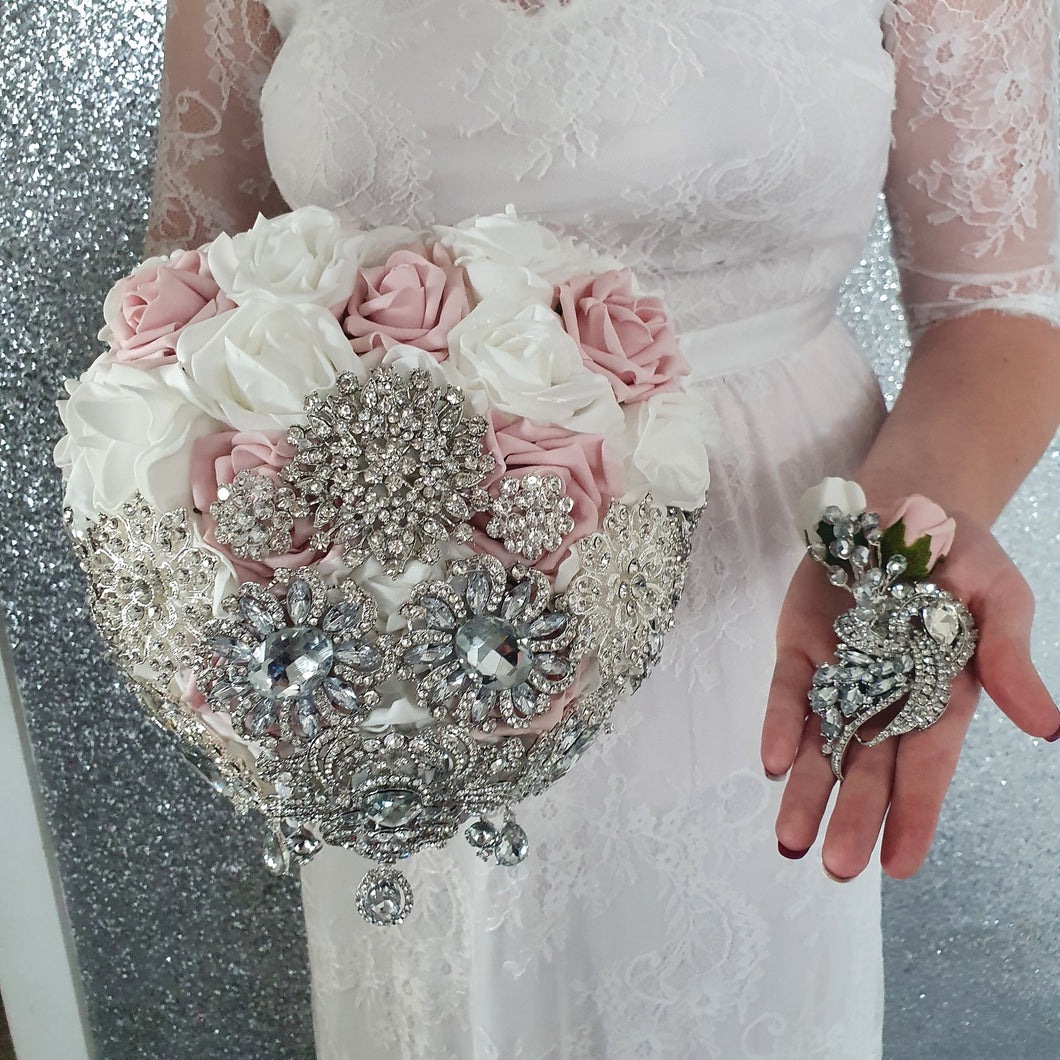 Heart shape brooch bouquet plus groom buttonhole artificial ,wedding flowers by Crystal wedding uk