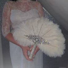 Load image into Gallery viewer, WHITE Wedding feather fan, brides ostrich fan, wedding hand fan- custom made by Crystal wedding uk
