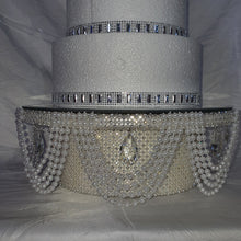 Load image into Gallery viewer, Pearl &amp; Crystal Wedding Cake Stand: Rhinestone Drape, Mirror Top
