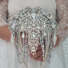 Load image into Gallery viewer, Crystal Brooch Wedding Bouquet: Silver jewel bridal Cascade Design

