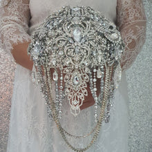 Load image into Gallery viewer, Crystal Brooch Wedding Bouquet: Silver jewel bridal Cascade Design
