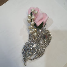 Load image into Gallery viewer, Crystal brooch buttonhole with Pearls &amp; pink Foam roses by Crystal wedding uk
