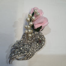 Load image into Gallery viewer, Crystal brooch buttonhole with Pearls &amp; pink Foam roses by Crystal wedding uk
