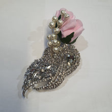 Load image into Gallery viewer, Crystal brooch buttonhole with Pearls &amp; pink Foam roses by Crystal wedding uk
