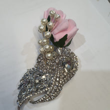 Load image into Gallery viewer, Crystal brooch buttonhole with Pearls &amp; pink Foam roses by Crystal wedding uk
