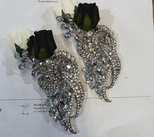 Load image into Gallery viewer, Crystal brooch buttonhole with ivory and black foam roses by Crystal wedding uk

