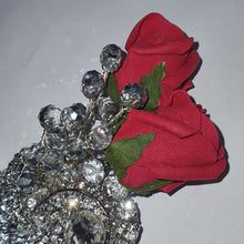 Load image into Gallery viewer, Crystal brooch buttonhole with siilver crystals &amp; Red Foam roses by Crystal wedding uk
