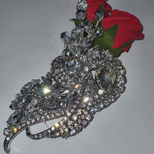 Load image into Gallery viewer, Crystal brooch buttonhole with siilver crystals &amp; Red Foam roses by Crystal wedding uk
