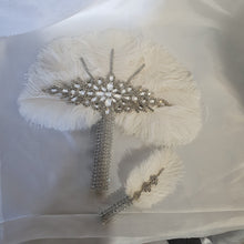 Load image into Gallery viewer, Wedding feather fan &amp; buttonhole set, brides 16&quot; ostrich fan, wedding hand fan any colour as custom made
