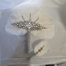 Load image into Gallery viewer, Wedding feather fan &amp; buttonhole set, brides 16" ostrich fan, wedding hand fan any colour as custom made
